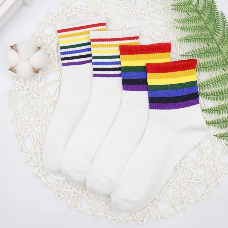 2 пары, женские модные носки с радугой, зимние женские носки, хлопковые носки с радужными полосками, модные теплые Повседневные носки для девочек в стиле Харадзюку - Color: 2 pairs