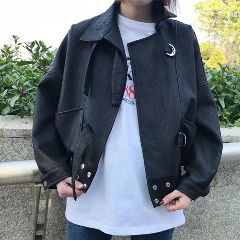 

Fashion Solid Women Faux Leather Jacket Office Lady Moto Biker PU Jackets and Coats Turn-down Collar Rivet Streetwear