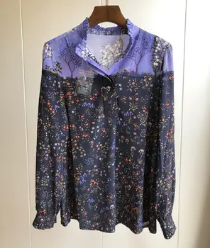 

Viscose Long Sleeve Women Shirt Muran Oil Painted Floral Print Blouse Shell Buttons Petal High Neck Ladies Top Female Clothes