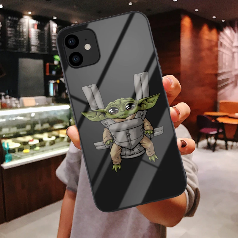 Милый мягкий силиконовый чехол из закаленного стекла для телефона Baby yoda meme для iPhone 6 6s 7 8 Plus X XR XS 11 Pro Max черный чехол - Цвет: Glass shell