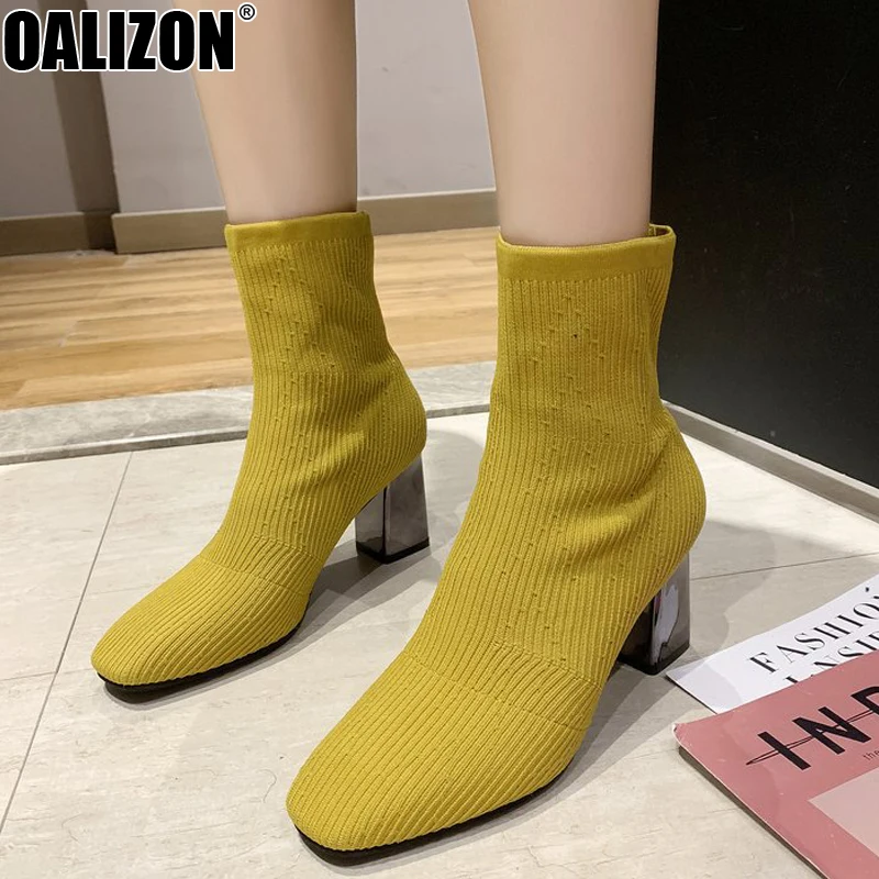 

Stylish Women Autumn Winter Knitted Slip On Bottine Mid Chunky Heels Lady Female Booties Short Stretchy Socks Boots Shoes R625