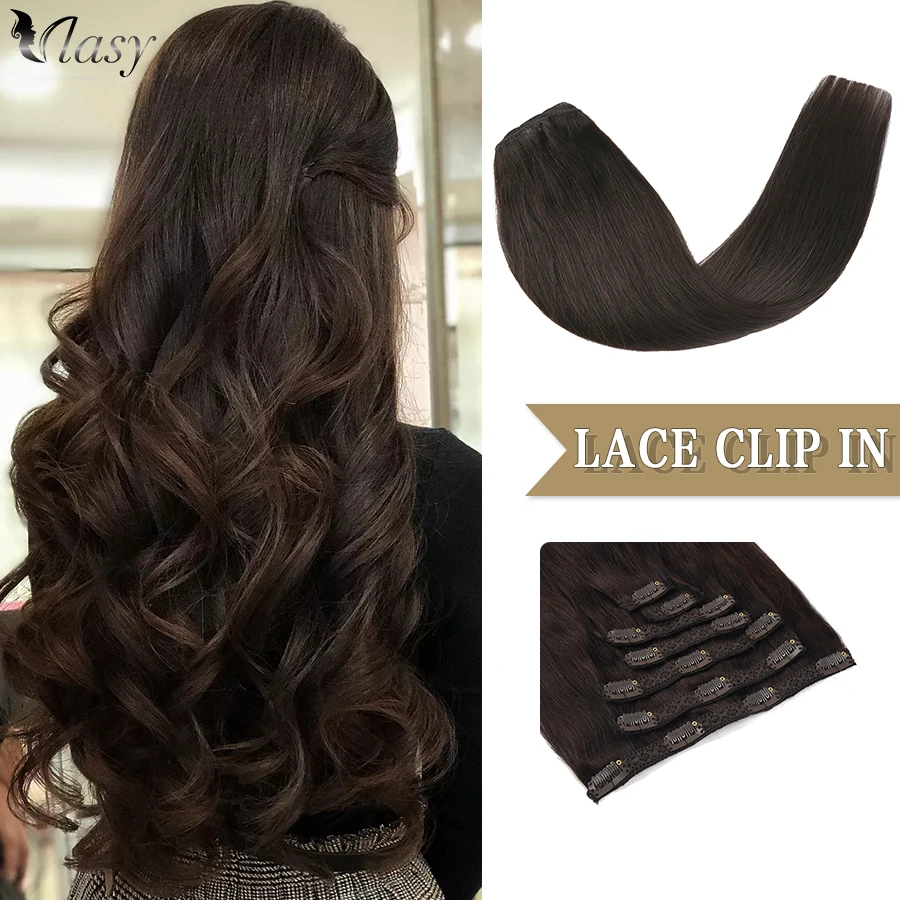 Vlasy-máquina de cabeza completa para extensiones de cabello Remy, horquillas de Balayage naturales rectas, Clips de encaje de doble trama, 16-24 , 7 Uds.