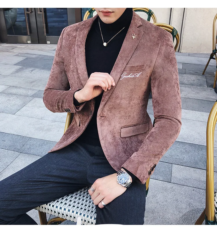 Красивый мужской блейзер, пиджак, золотая вышивка, Terno Masculino, корейский мужской блейзер, вельветовый Блейзер, Мужской приталенный зеленый, хаки, серый