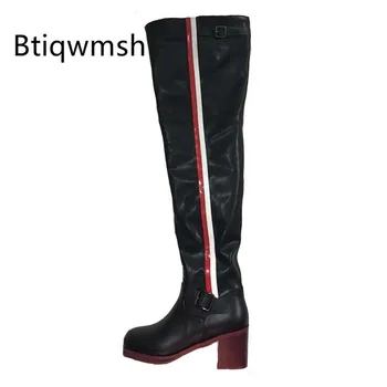 

2019 Black Leather Over The Knee Boots Woman Mixed Color Metal Buckle High Heel Boots Woman Fashion Knight Boots