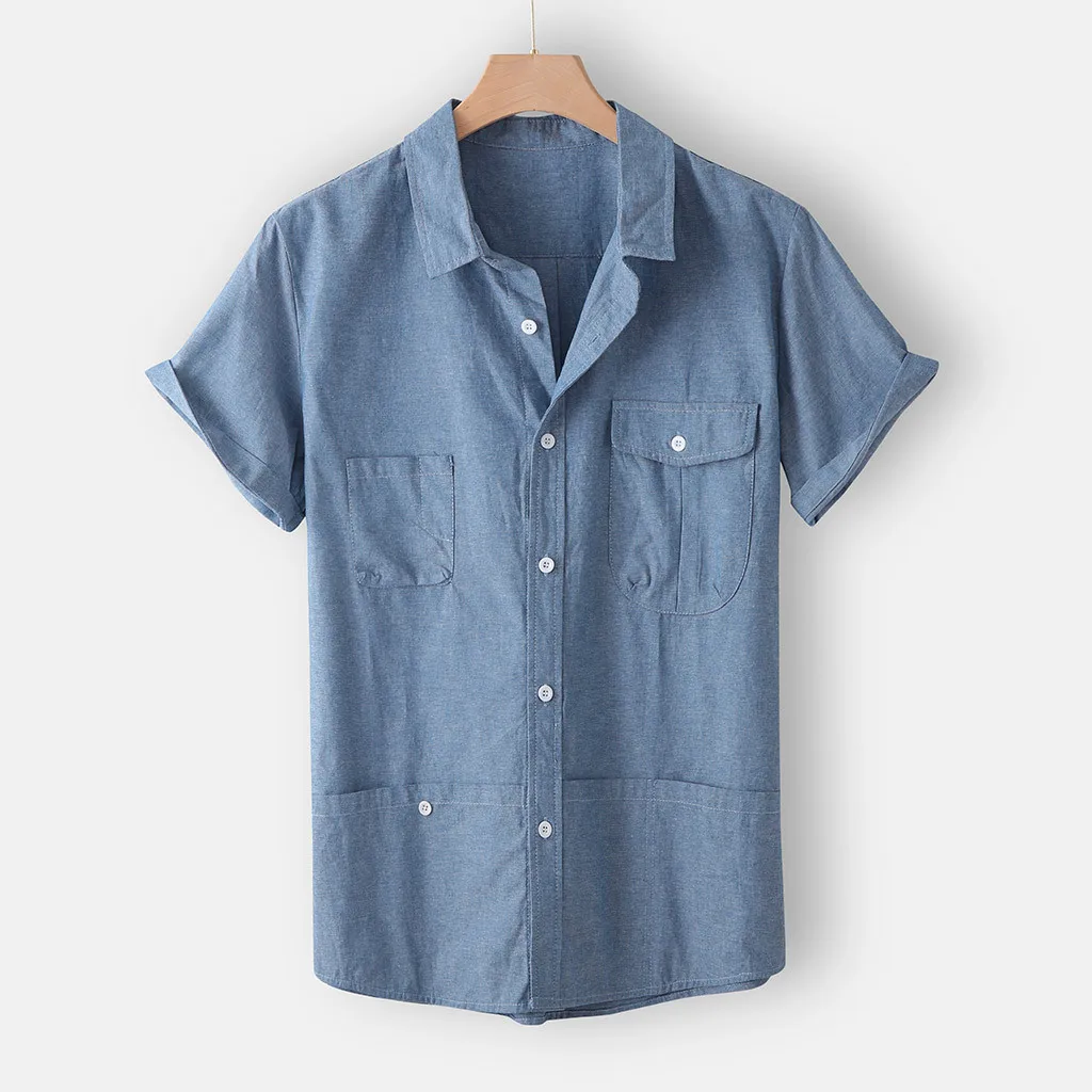 

Men's Summer Fashion Lapel Multi Pocket Pure Color Short Sleeve Shirt Top Blouse Beach blouse button Fashion hawaiiprint