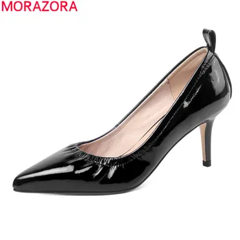 

MORAZORA 2020 new fashion women pumps genuine leather summer shallow dress shoes stiletto high heels pointed toe ladies shoes