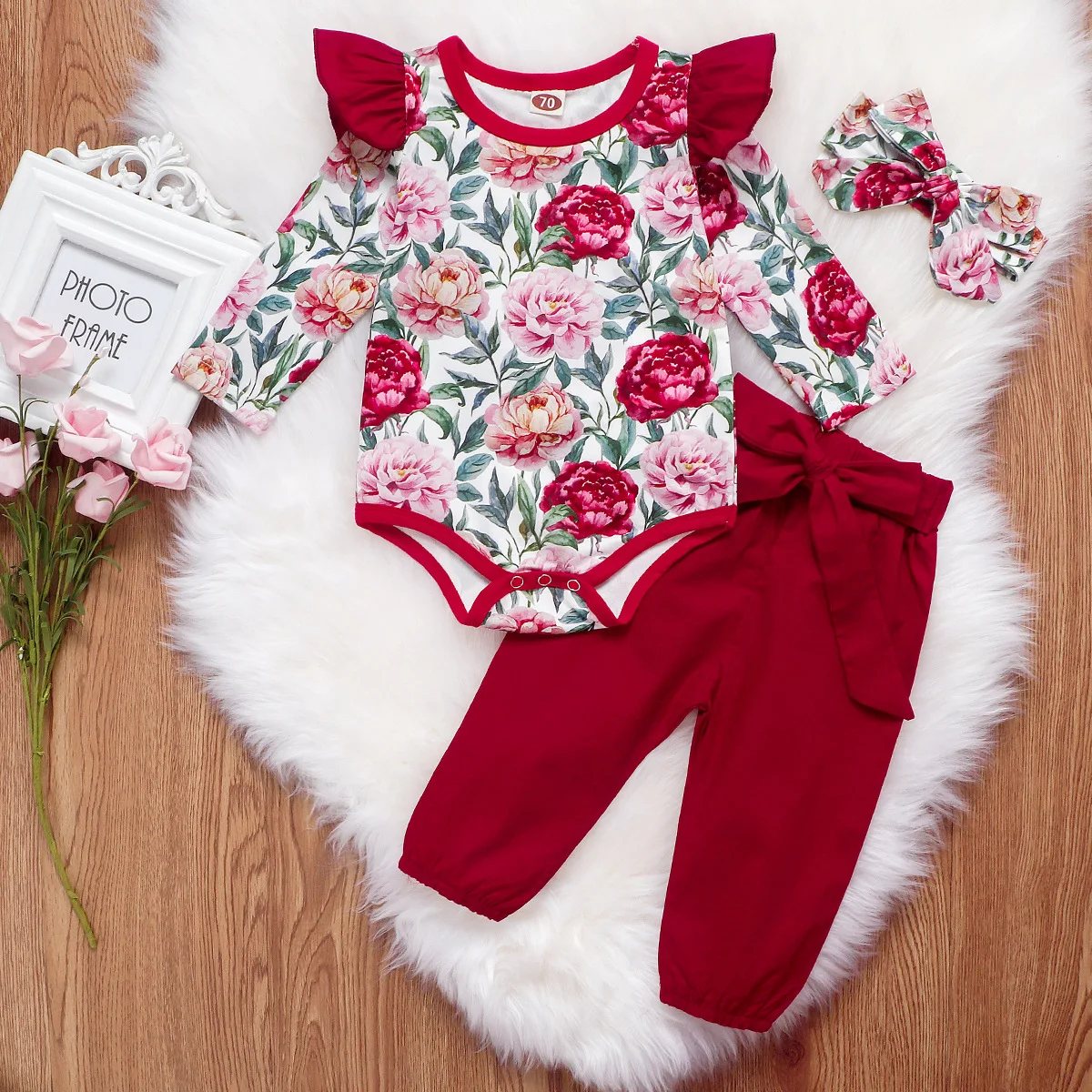Комплект одежды из 3 предметов для новорожденных девочек, комбинезон с длинными рукавами и оборками с цветочным рисунком+ длинные штаны с бантом+ повязка на голову, комплект одежды для 0-24 месяцев