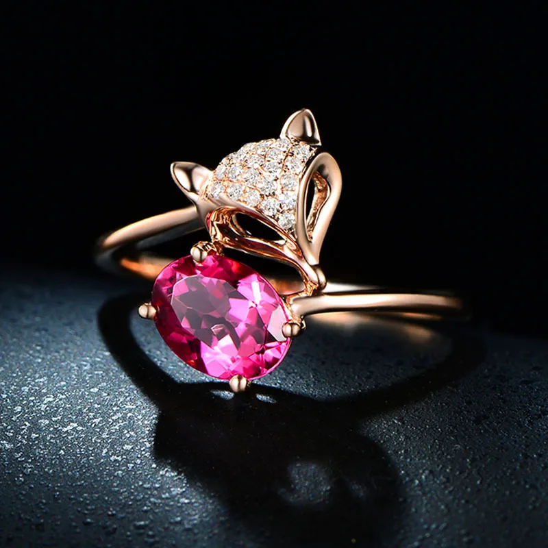 

Natural Oval Ruby 925 Sterling Silver Color Jewelry Rings For Women Rose Gold Zircon Diamond Finger Ring fox Shape Wedding Ring