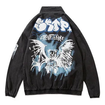 

Letter Printed Denim Jackets Streetwear HipHop Fashion Mens Vintage Punk Rock Cowboy 100%Cotton Jeans Jacket Tops Zipper Coats