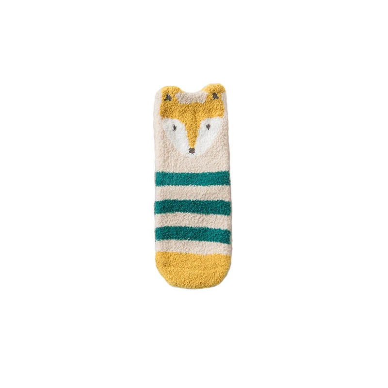 Caramella Winter Fleece Short Kids Socks Cartoon Animal Stripe Warm Floor Socks Baby Girl Boy Funny Fox Socks Children Hosiery - Цвет: green