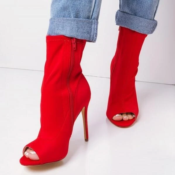 Red open toe chunky heel booties Clearance