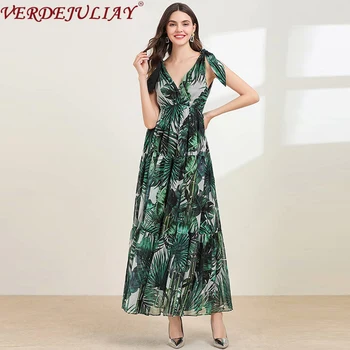 

VERDEJULIAY 2020 Spring Autumn Fashion Runway Dress Women's Sleeveless Bow Flower Print V-Neck Holiday Long Dress Vestidos