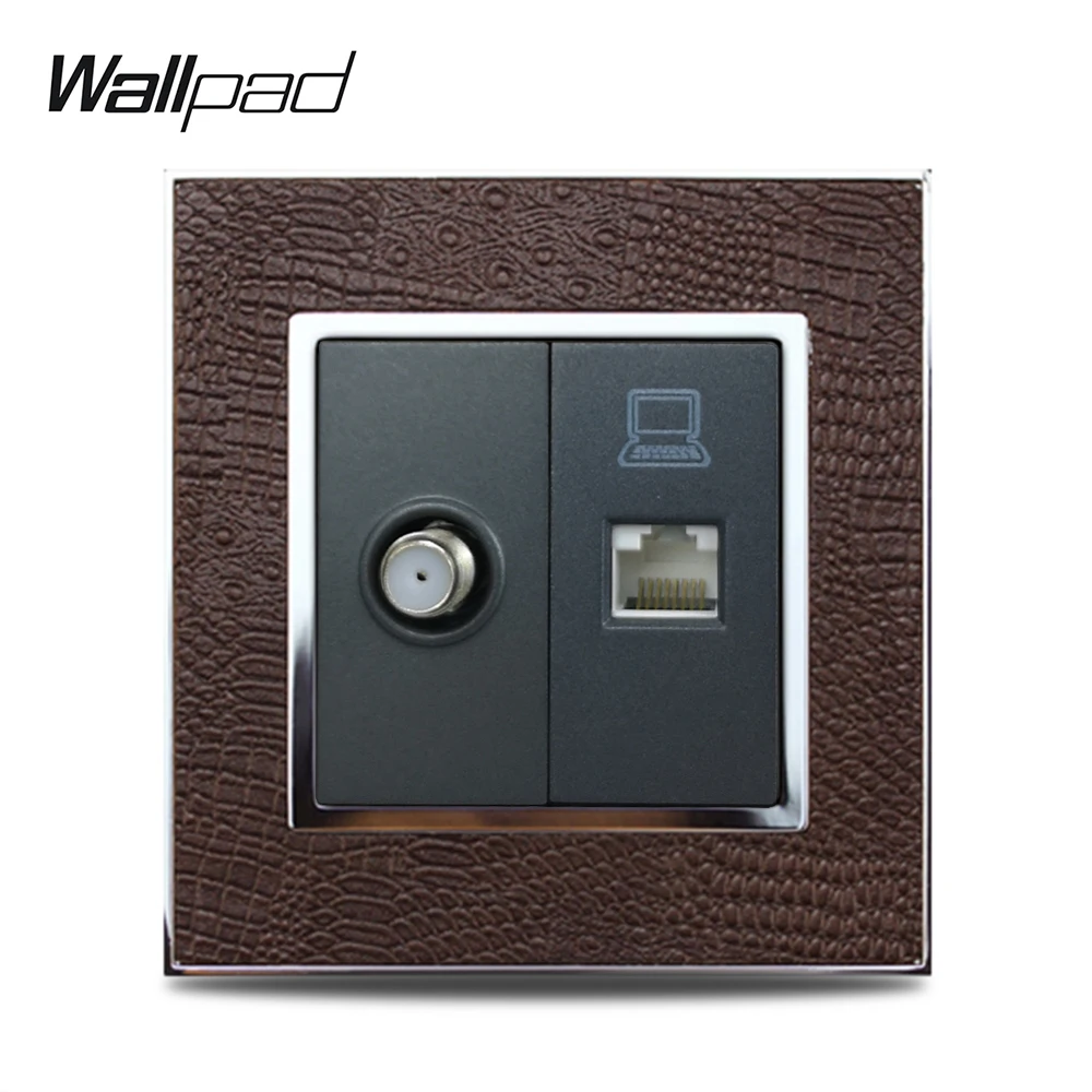 Горячая спутниковый ТВ данных компьютерная сеть CAT5 RJ45 розетка Wallpad роскошная кожаная панель Серебряная Золотая рамка настенная Сетевая розетка