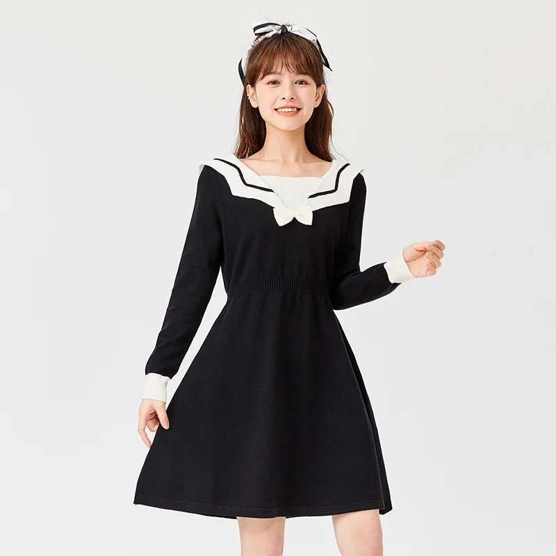 

SEMIR Dress Women Slim Black Contrast Navy Collar 2021 Winter New Bow College Style Girls Dresses