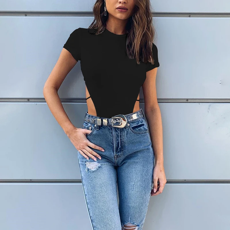 Sexy backless straps jumpsuit simple solid color round neck short sleeve Slim shirt 2019 new dropshipping club