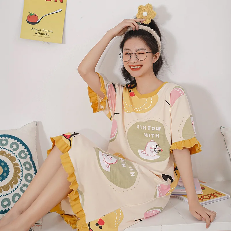 

Peach Scent Long Women's Spring And Autumn Summer Pure Cotton Thin-Outer Wear Pajamas Nightgown Home Casual Comfortable Set