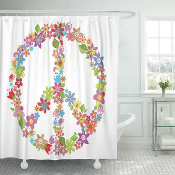 

70S Peace Flower Symbol Love Power Sign Floral Clipart Shower Curtain Waterproof Fabric 72 x 72 Inches Set with Hooks