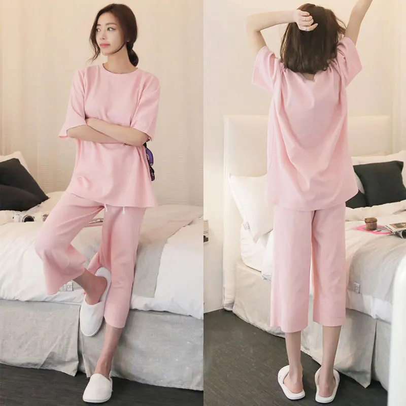 

2017 Summer Short-sleeved Pajamas WOMEN'S Suit han shi shang Casual Students Half Sleeve Set Capri Pants M -Xxl