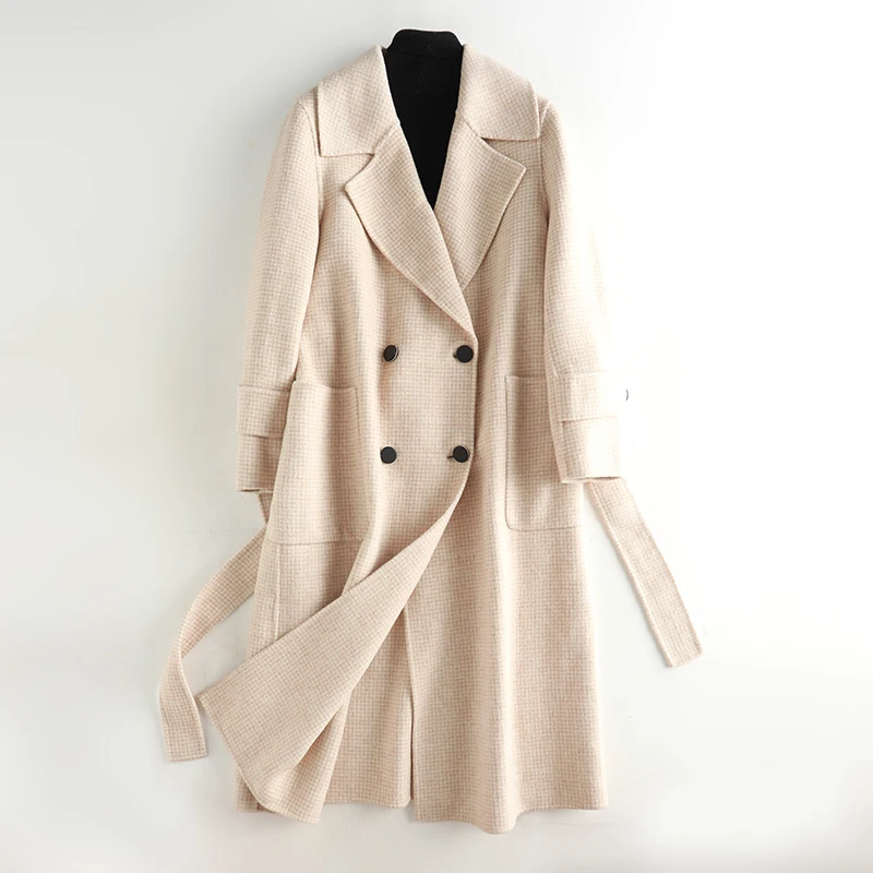 

2019 Spring Autumn and Winter Wool Woolen Coat 2019 Hot Sale Casual New V-Neck Winter Coat Women Belt Beige Temperament Coat