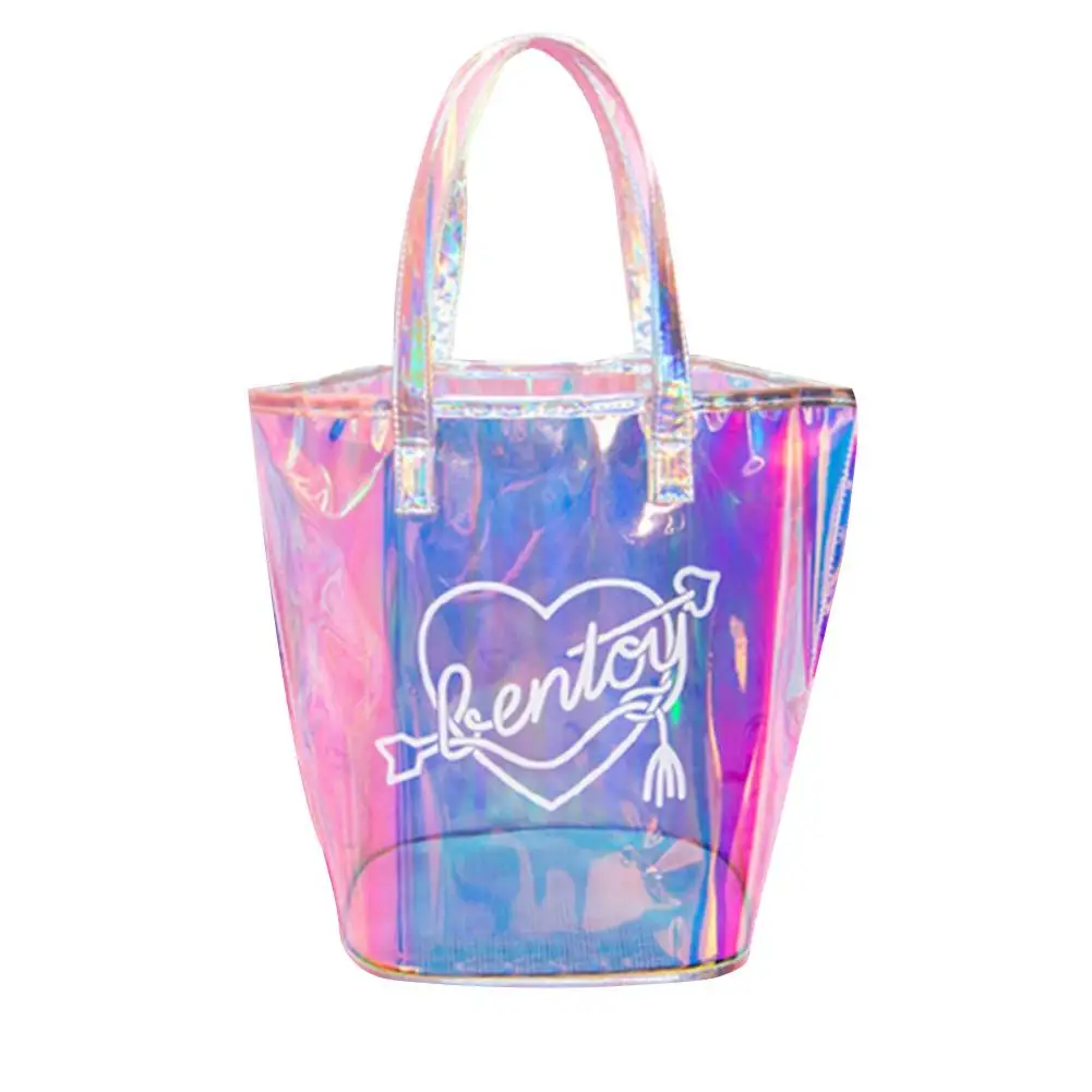 

Women Laser Jelly Hand Bag Casual Tote Mesh Handbag Transparent Clear PVC Candy Shoulder Bags Waterproof Travel Shopping Bag