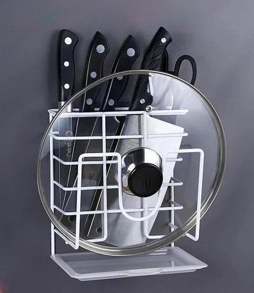 

Lid Cutting Board Rack Multifunction Kitchen Knives Holder Chef Knife Set Storage Shelf Wall Mount With Draining Tray