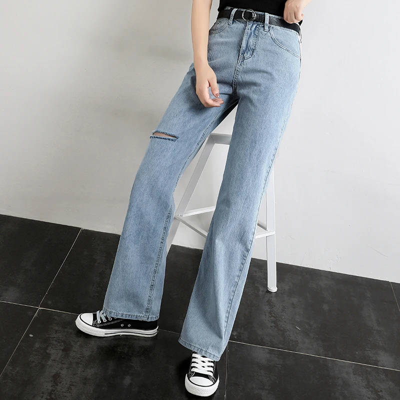 Women Casual Loose Straight Hole Jeans Simple Full Length Blue Denim Wide Leg Pants Fashion Streetwear Trousers With Pocket