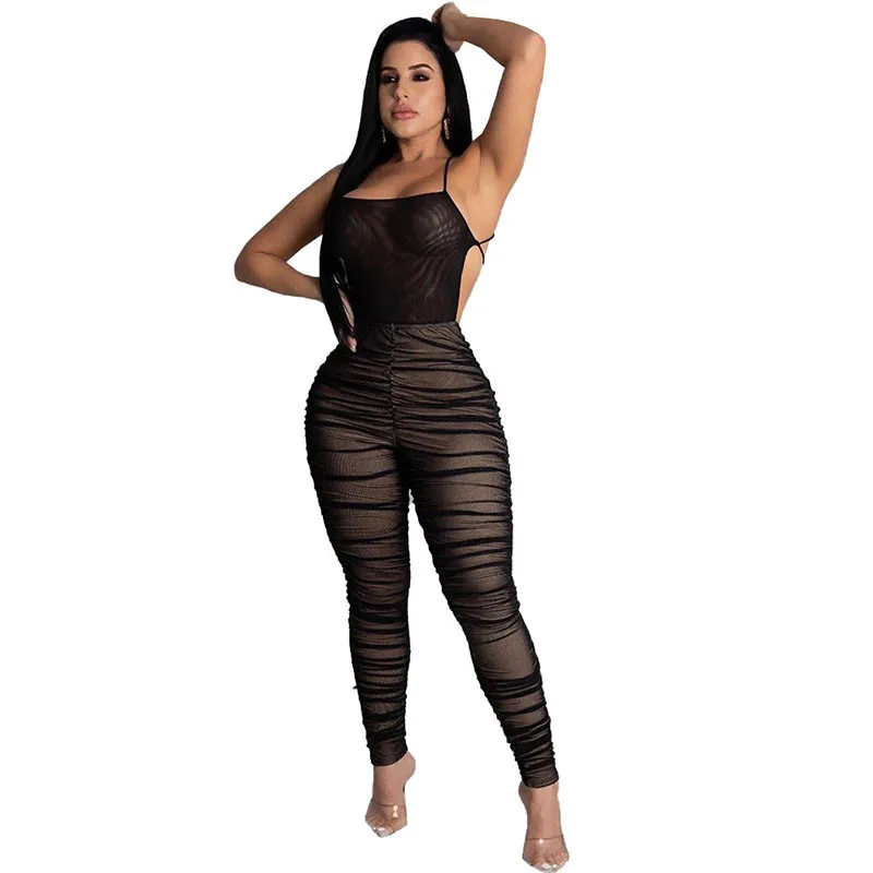 Sexy Cross Open Back Night Club Party Rompers Womens Jumpsuit Mesh Sheer Ruched Bodycon One Piece Jumpsuit Female Overalls Mono