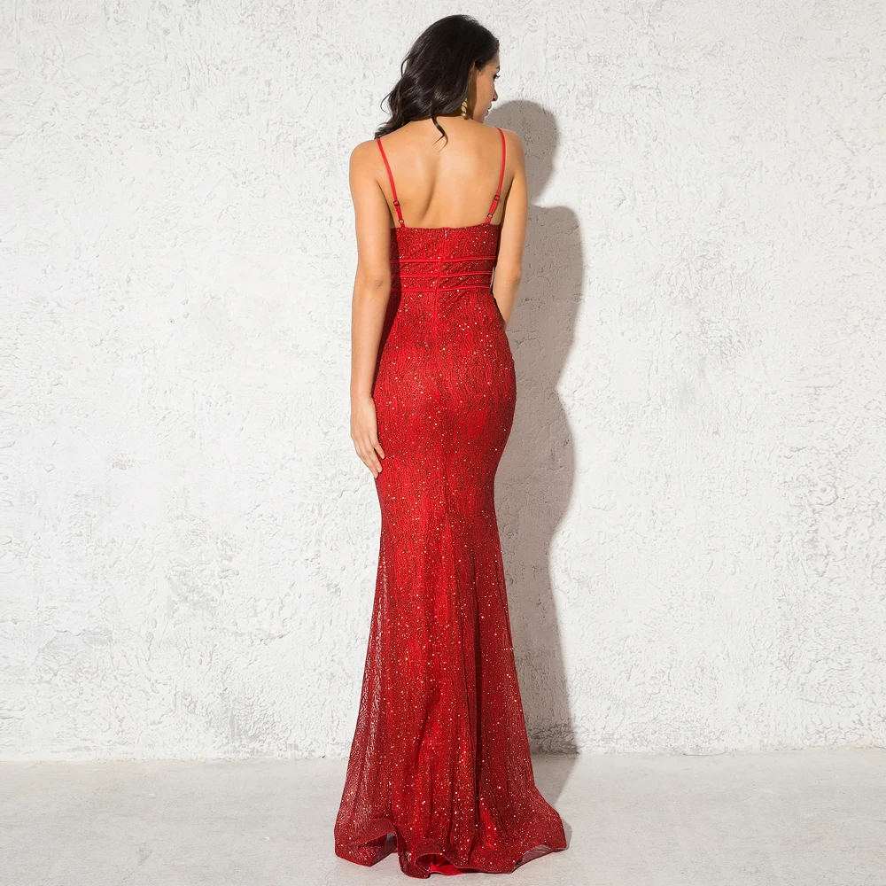 Sexy Red Glittered Maxi Dress V Neck Split Leg Backless Patchwork Mesh Sleeveless Floor Length Evening Party Dress