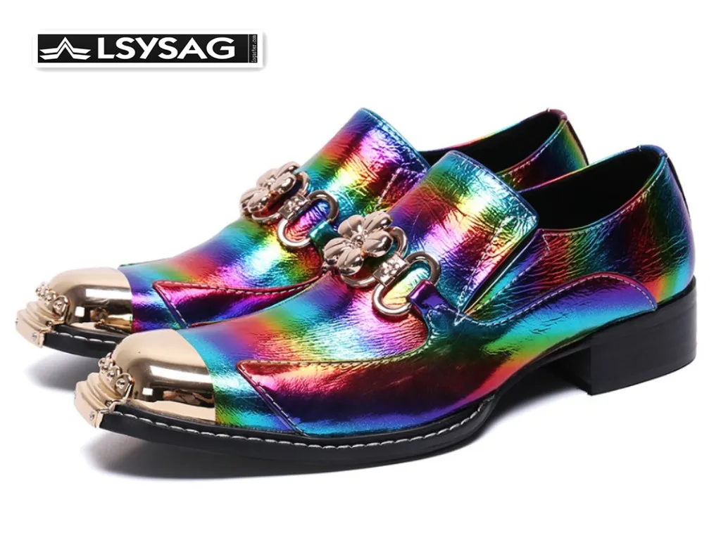 

British Rainbow Print Men Party Dress Shoes Real Leather Business Shoes Square Toe Formal Wedding Shoes Male