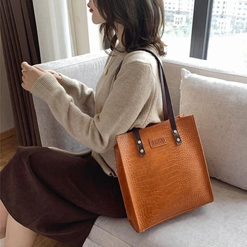 

Vintage Alligator Pattern Briefcase Tote Bags Women Rivet Top Handle Pack Ladies High Capacity Shoulder Crossbody Bags Handbags