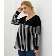 Весна, европейский и американский стиль, стиль, 3 пуговицы, длинный рукав, v-образный вырез, модная полосатая женская футболка большого размера