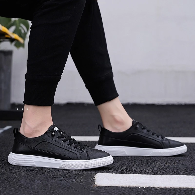 Brand High quality all Black Men's leather casual shoes Fashion Breathable Sneakers fashion flats Microfiber leather shoes*629