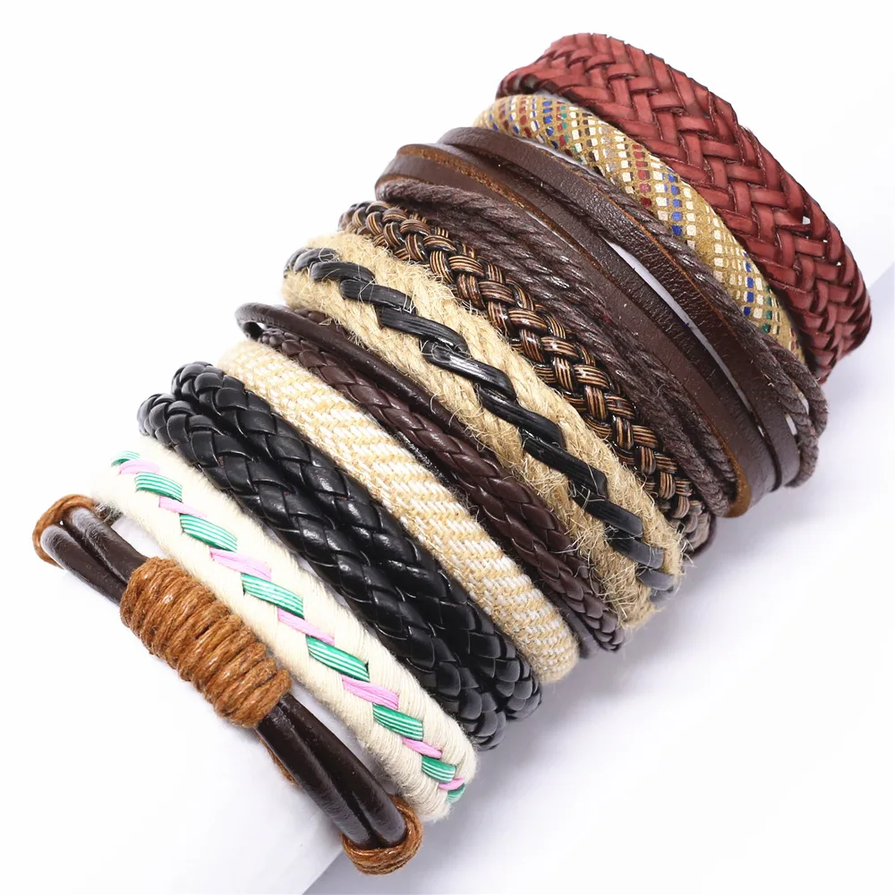 Leather Bracelet 10 Pcs/set Handmade Weave Charm Wrap Leather Mens Bracelets for Women Bangles charm bracelet,leather braided bracelet