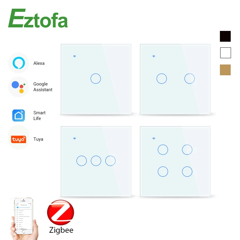 ZigBee Smart Home Wifi Wall Touch Wwitch,2/3 Way, Tempered Glass Panel Whole House Light Control SwitchAC85-240V,1/2/3/4 Gang