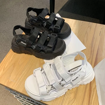 

Summer Women Increased High Heeled Sandals Buckle Design Black White Platform Sandals Comfortable Women Thick Sole Beach Shoes