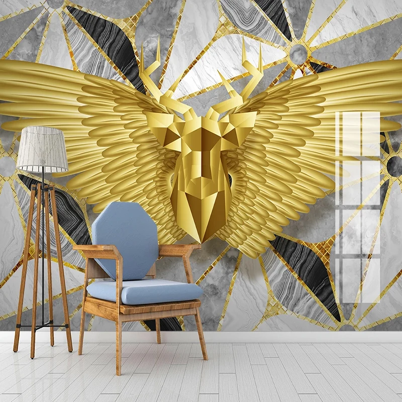 

Drop Shipping Custom Mural 3D Abstract Golden Deer Wings Geometric Marble Pattern Modern Bedroom Backdrop Wallpaper Home Decor