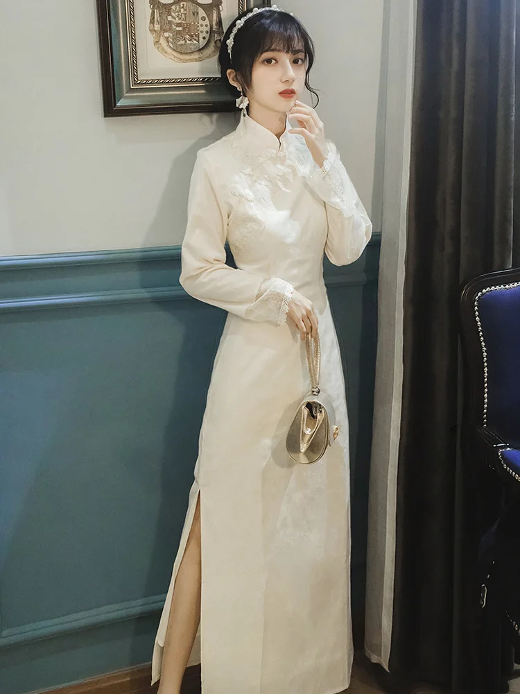 

Spring And Autumn French Vintage Embroidery Cheongsam Improved Version Dress nian qing kuan GIRL'S Long Elegant Underwear Evenin