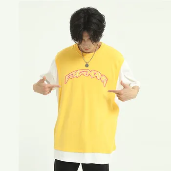 

Male Women High Street Hip Hop Vintage Fashion Tees Shirts Men Summer Splice Short Sleeve T-shirt