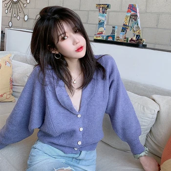

WICCON 2020 Autumn Winter Women's V-Neck Sexy Cropped Knitwear Knitted Single Button Short Cardigans Lady Sweaters