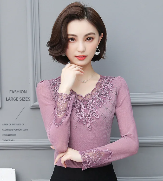 pink Dingaozlz L-5XL, новинка, кружевные топы, v-образный вырез, плюс размер, рубашка, модная женская одежда, пэчворк, длинный рукав, Алмазная сетка, блузка - Цвет: pink