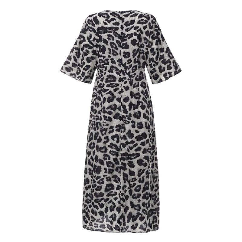 Women Leopard Print Sexy Dress Plus Size Fashion 3/4 Sleeve V-Neck Pleated Shirt Dress Celmia Elegant Party Split Vestidos S-5XL