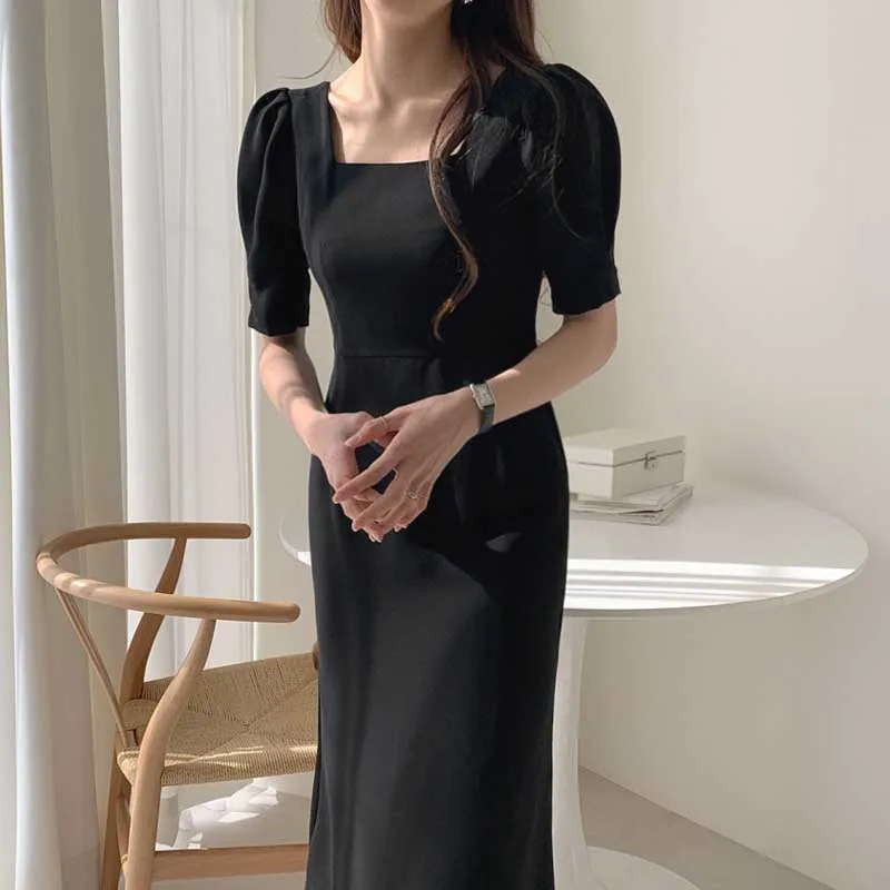 2020 Summer New Elegant Slim Waist Split Bodycon Party Dress Sexy Square Collar Puff Sleeve Women Dress Female A-Line Vestidos