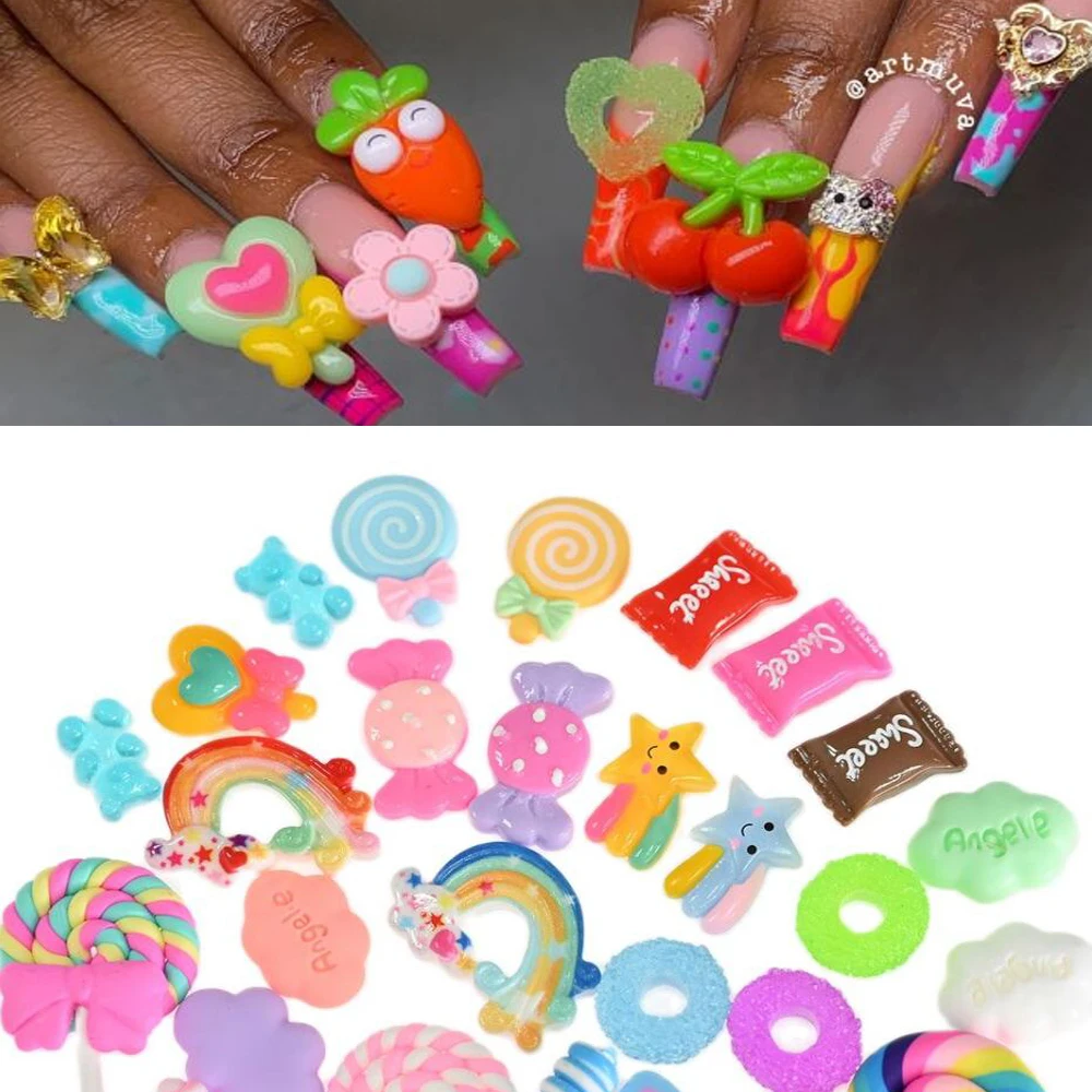 XL Sweet Summer Kawaii Nail Charms Set Lollipop/Cherry/Jelly Bear/Christmas  Design For 3D Nail Decoration In Pink Box Candy B509