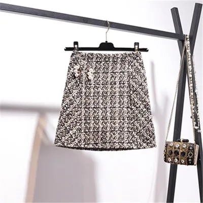 Only Skirt Осень весна модный свитер комплект из двух предметов Женский мягкий вязаный пуловер с бусинами топы и трапециевидная клетчатая твидовая юбка наборы - Цвет: Only Skirt
