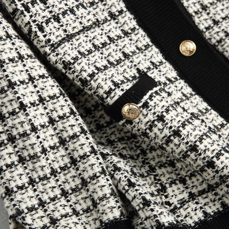 Осенне-зимний женский свитер, пальто, элегантное вязаное пальто, повседневный клетчатый свитер с карманами, украшение