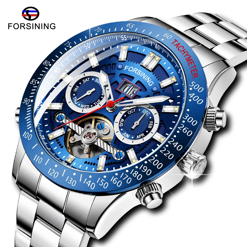 

Top Brand Luxury FORSINING Men Automatic Military Watch Tourbillion Watch Stainless Steel Luminous Calendar Display Watch