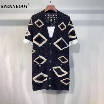 

SPENNEOOY Designer Custom Runway Women Summer Argyle Embroidery Knitting Cardigans Ladies V Neck Button Vintage Loose Tops