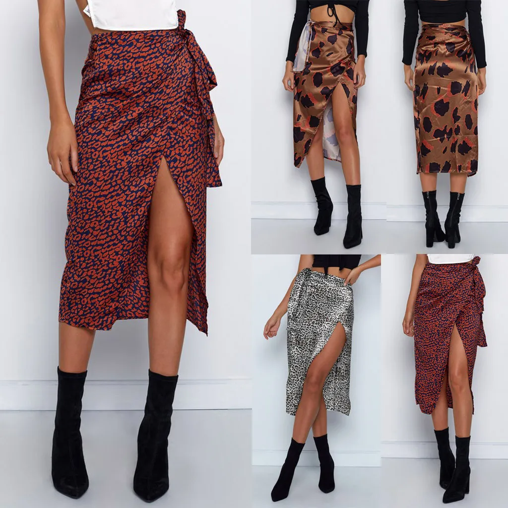 

Female High Waist Bandage Leopard Printing Wrap Satin Bow Sexy Split Skirts faldas mujer moda юбки женские кожаная юбка