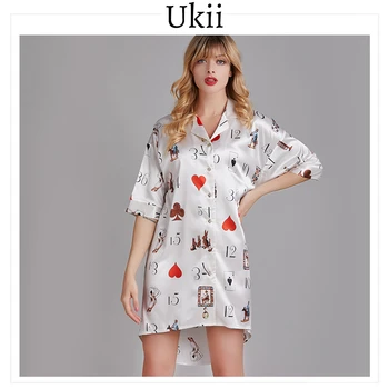 

Ukii Satin Silk Print Sleepshirt Dress Nightdress Lounge Wear Sexy Nightgowns Women 2020 Nightwear Night Gown Sleeping Dresses