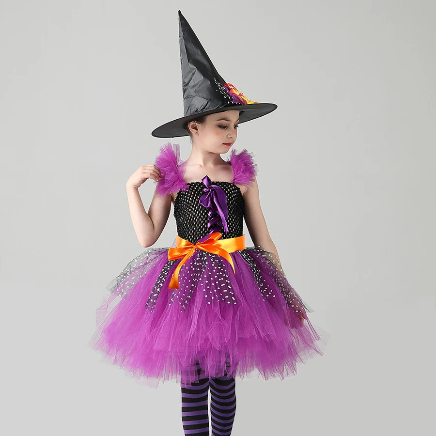 Classic Witch Girls Tutu Dress with Hat Child Halloween Costume Cosplay Carnival Party Princess Kids Wicked Witch Tulle Dresses (4)